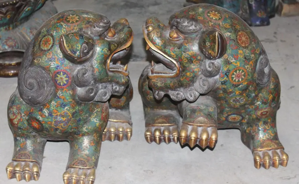 22&quotOld Rare Feng Shui Cloisonne Enamel Gilt Foo Fu Dog Guardion Lion Pair Statue | Дом и сад