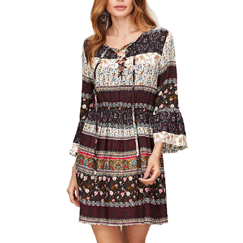 Women Dress Flower Floral Print Bohemian Mini Vestido Wrist Flare Sleeve Vintage Boho Casual Spring Autumn | Женская одежда