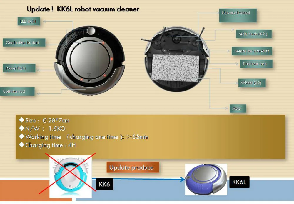 KK6L робот пылесос с сухой шваброй светодиодный светильник 7 см супер-тонкий корпус