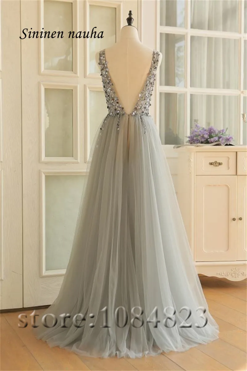 

Sexy Grey Evening Formal Dresses V Neck Backless Beaded A Line Tulle Prom Party Dress Vestidos De Festa Robe De Soiree 174