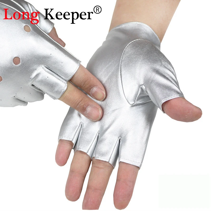

Long Keeper Fashion Men's Gloves Fingerless Leather Gloves for Dancing Party Show Sport Fitness Black Silver Summer Luvas M131