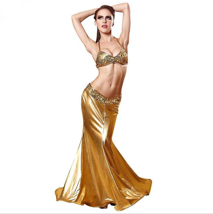 Русалка Принцесса Униформа Золотой лакированная кожа Блестки Труба платье