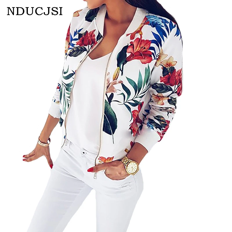 

NDUCJSI New Bomber Jackets Casual Coat Women Jacket Fashion Ladies Retro Zipper Autumn Spring White Floral Print Outwear Coats