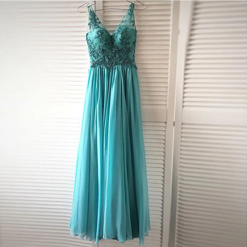 

Hot Sale Turquoise Evening Dresses V-neck Chiffon Long Formal Evening Party Dress Lace Beading Full Length Vestido De Noche 2019