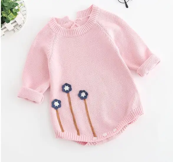 Pink Romper Вязаная одежда для малышей; осенний детский трикотажный комбинезон с длинными рукавами; комбинезон с вышивкой для новорожденных и маленьких девочек с шапочкой; Детский комбинезон для девочек - Цвет: Pink Romper