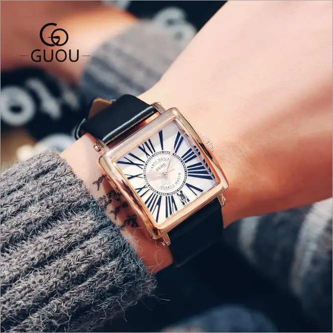 Часы GUOU Мужские кварцевые роскошные квадратные модные наручные часы с кожаным