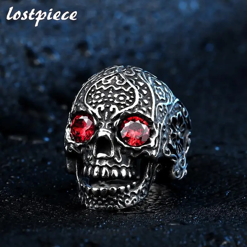 Lostpiece 2018 Новый Мода красные черные циркон глаз череп кольцо Нержавеющая сталь