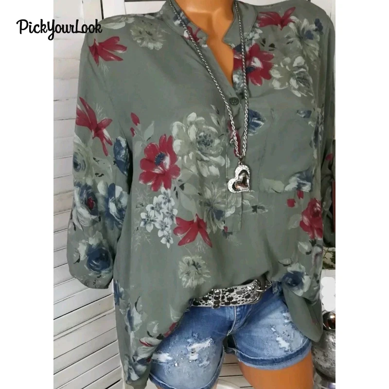 PickyourLook женские топы размера плюс Цветочная блузка рубашка с длинным рукавом