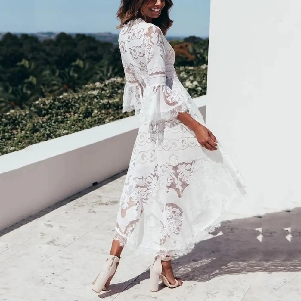 Boho сексуальное открытое элегантное белое платье с вышивкой женское летнее 2019