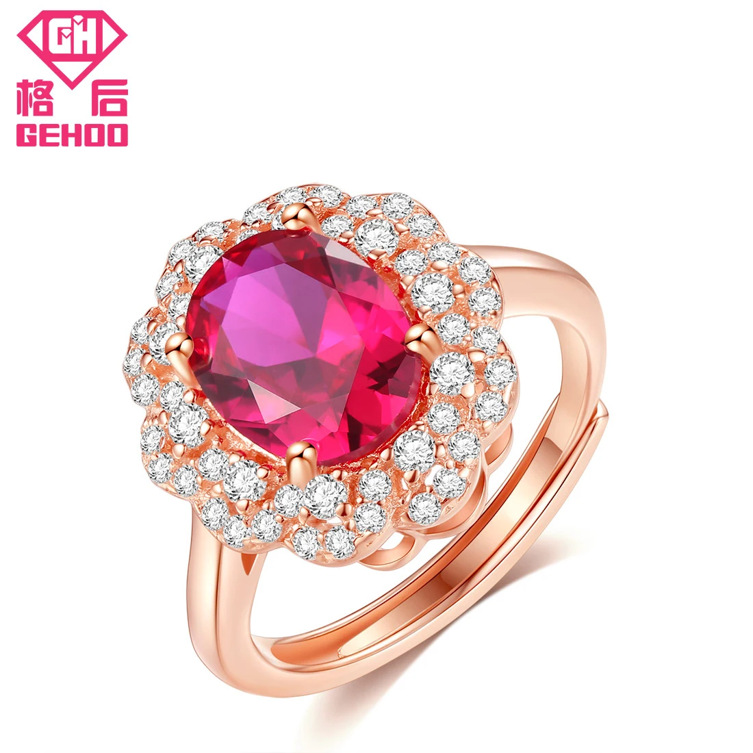 Resizable Ring GEHOO, женский ювелирный набор, красные камни, камень, цветок, подвеска, 925 пробы, серебро, цирконы, ожерелье и серьги-гвоздики и кольцо, свадебный подарок - Цвет камня: Resizable Ring