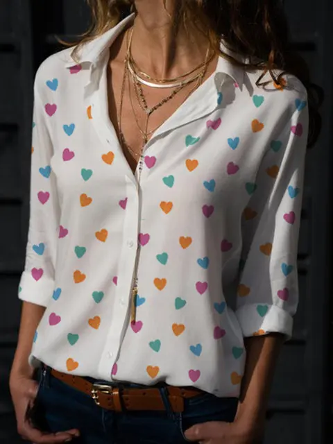 

2019 Women V-neck Long Sleeves Shirt for Spring with Heart Printed