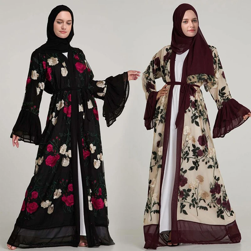 Цветочная шифоновая абайя Дубай кафтан кимоно кардиган мусульманский хиджаб платье Caftan Marocain Абая для женщин турецкая исламская одежда