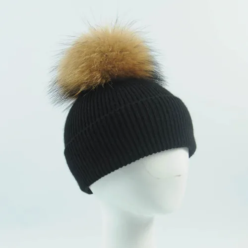 Black natural fur Детская одежда с меховой отделкой, ремешком вокруг щиколотки, шапка с помпоном детская зимняя для мальчиков и девочек, шерстяные Kintted теплый мех лисы, детский головной убор, кепка бейсболка вязаный унисекс шапка бини - Цвет: Black natural fur