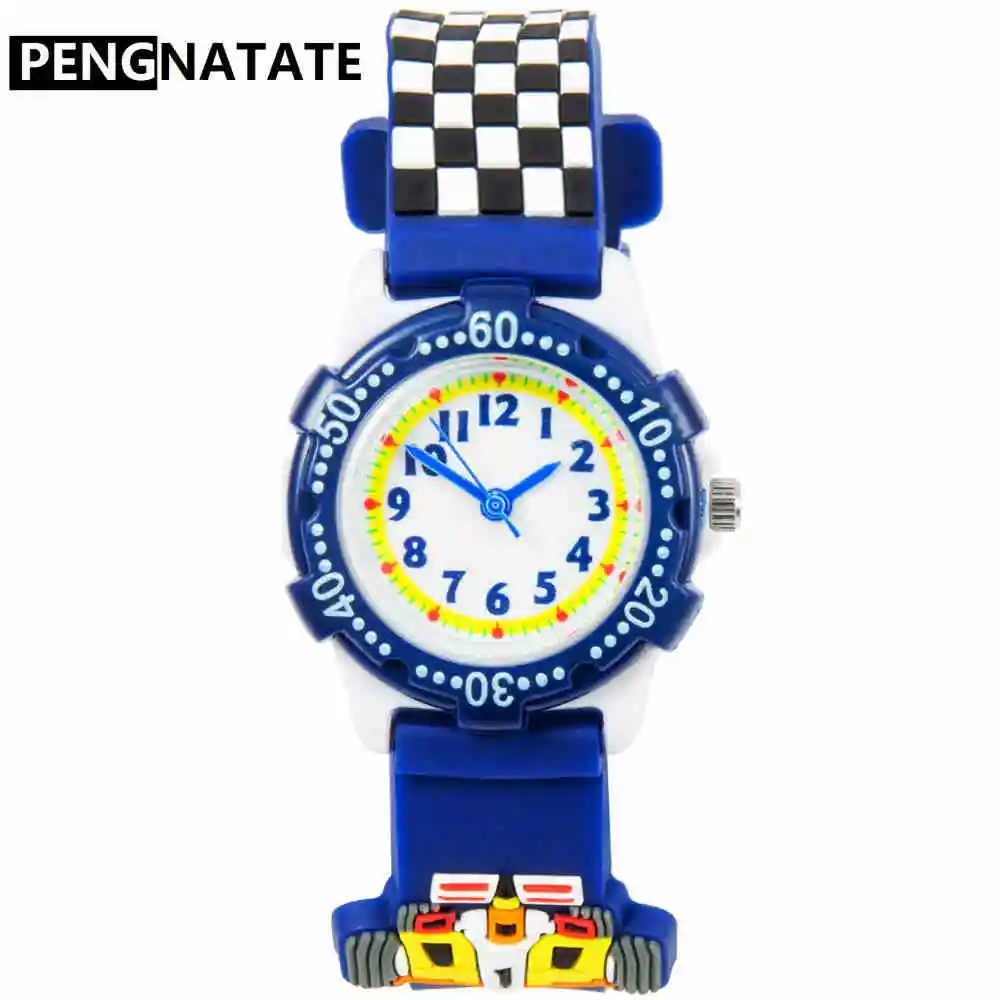 PENGNATATE Children Racing Cartoon Watches Fashion 3D Silicone Watchband Kids Watch Boy Blue Bracelet Wristwatch Cute Gift Clock | Наручные