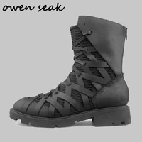 owen seak men shoes high ankle luxury trainers genuine leather zip riding winter snow boots casual lace up flats black sneakers