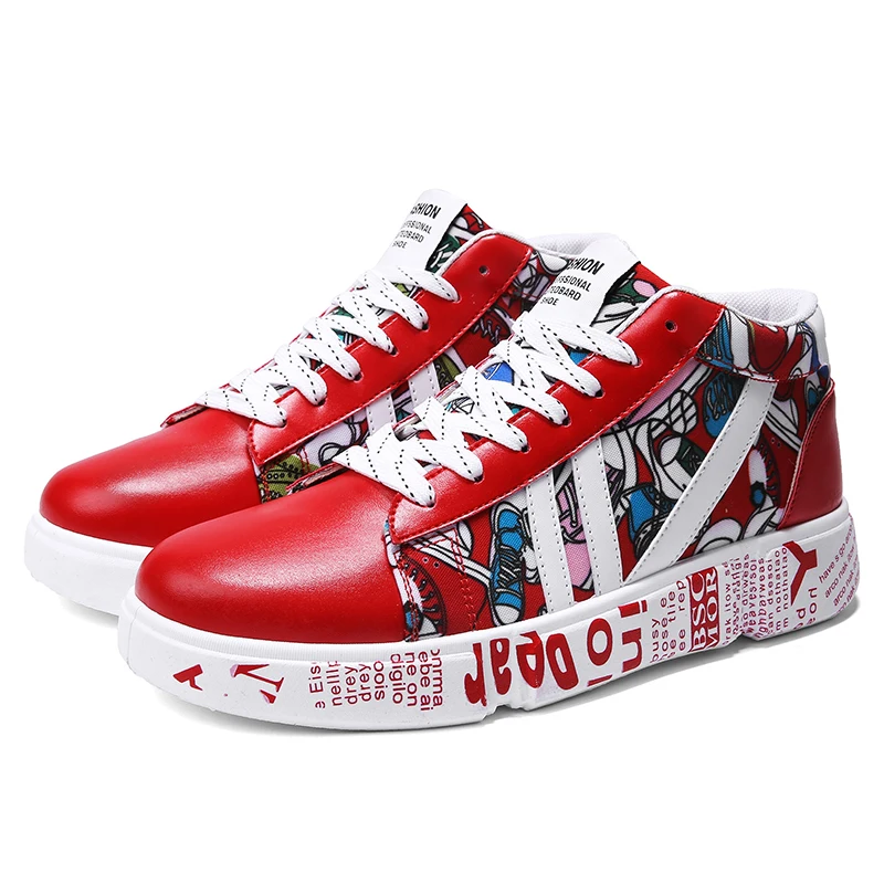 Red Moipheng New Graffiti Sneakers Autumn Winter High Top Lover Shoes PU Woman Sneakers White Shoes Plus Size Zapatos De Mujer - Цвет: Red