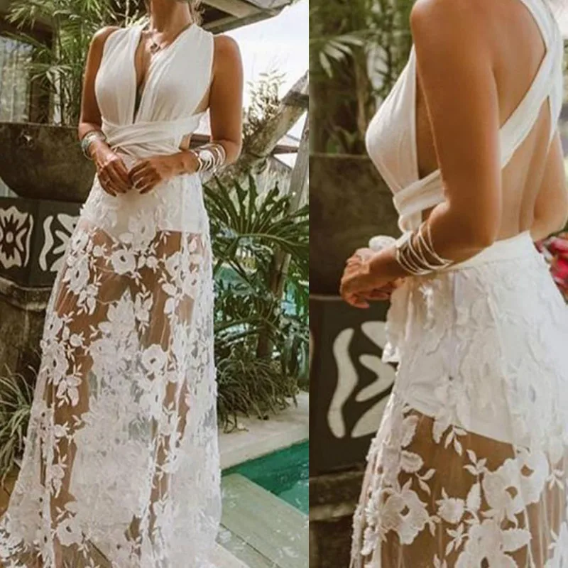 Женское летнее платье макси в стиле бохо без рукавов с глубоким v-образным