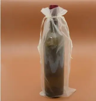 50 шт. 15x38 см Золотой Шнурок Из Органзы винные мешочки для свадебной вечеринки подарок держатель бутылки шампанского мешочки - Цвет: Бежевый