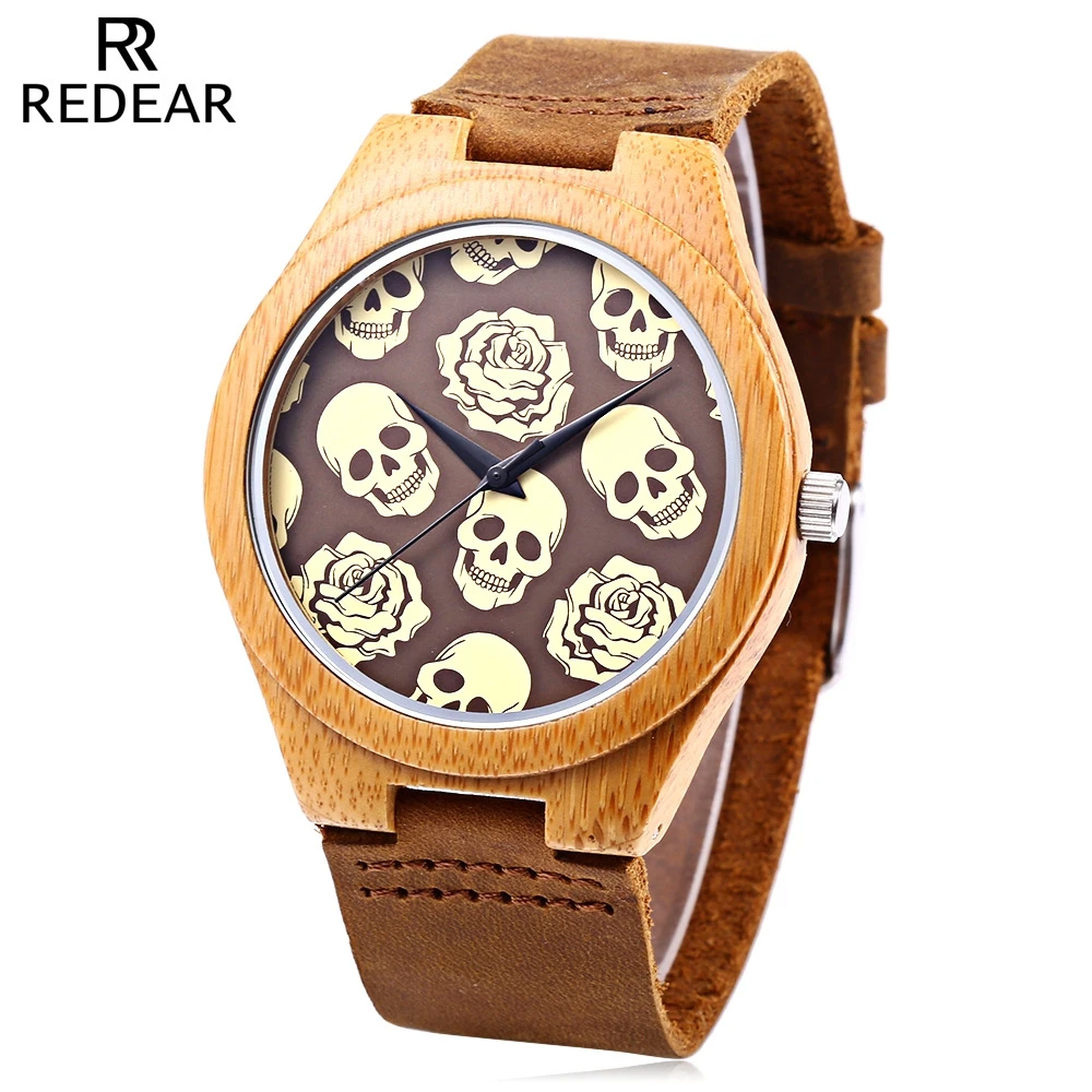 REDEAR Men Quartz Watch Imported Movt Skull Pattern Wooden Case Wristwatch | Наручные часы