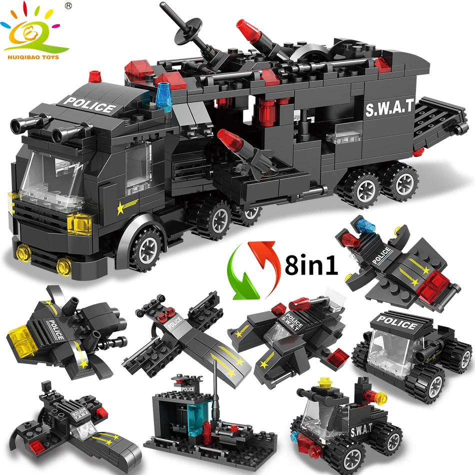 HUIQIBAO игрушки 418 шт 8в1 SWAT самолет грузовик Робот строительные блоки Набор для
