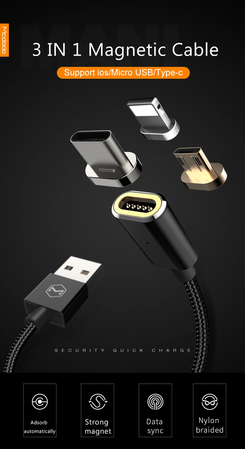 Mcdodo 3 в 1 Магнитный кабель для iPhone 7 Plus Быстрая зарядка для iPhone 8 6s usb type c кабель Micro USB кабель для samsung Xiaomi
