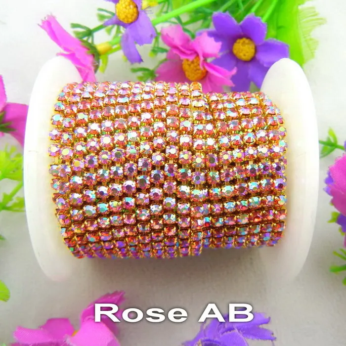 A12 Rose AB 5 ярдов/рулон золотых чашек высокой плотности AB цвета ss6 2 мм SS8 2,5 мм SS10 2,8 мм SS12 3 мм стразы на цепочке для пришивания клея на отделке - Цвет: A12 Rose AB