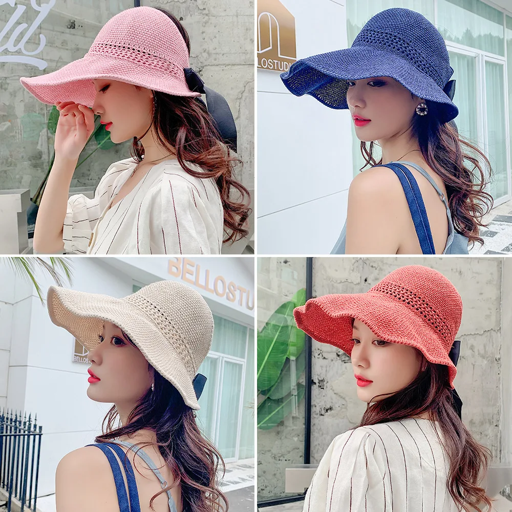 Модные шляпы от солнца с бантом Женский хвостик шляпа лента вязаная рафия для