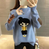 women 2019 autumn knitted black pullover tops girl printed casual long sleeve ladies warm jumper o neck female sweater