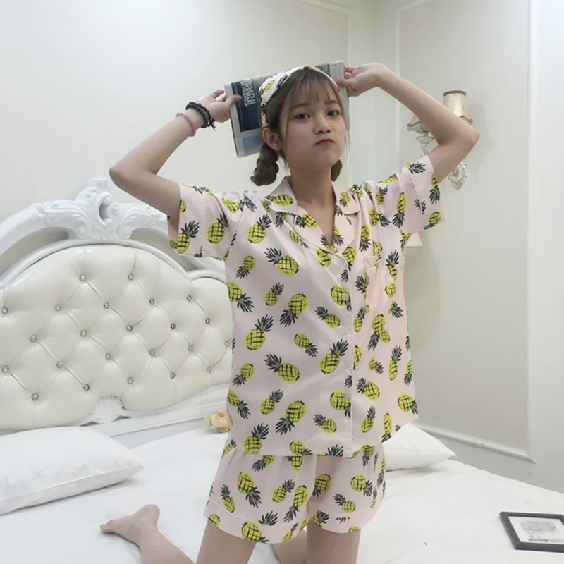 Light pink 18 Kawaii принт комплект из двух предметов женские пижамы рубашка и шорты корейская мода свободные пижамы Женская повседневная домашняя одежда - Цвет: Light pink 18