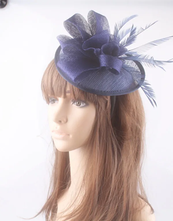 Navy Cocktail Hat Sinamay Base And Trim With Feather Flower Adorned Fashion Party Accasion Hair Accessories Church Headband | Аксессуары
