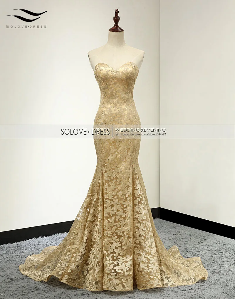 Женское платье с открытыми плечами Slovedress элегантное золотистое кружевное