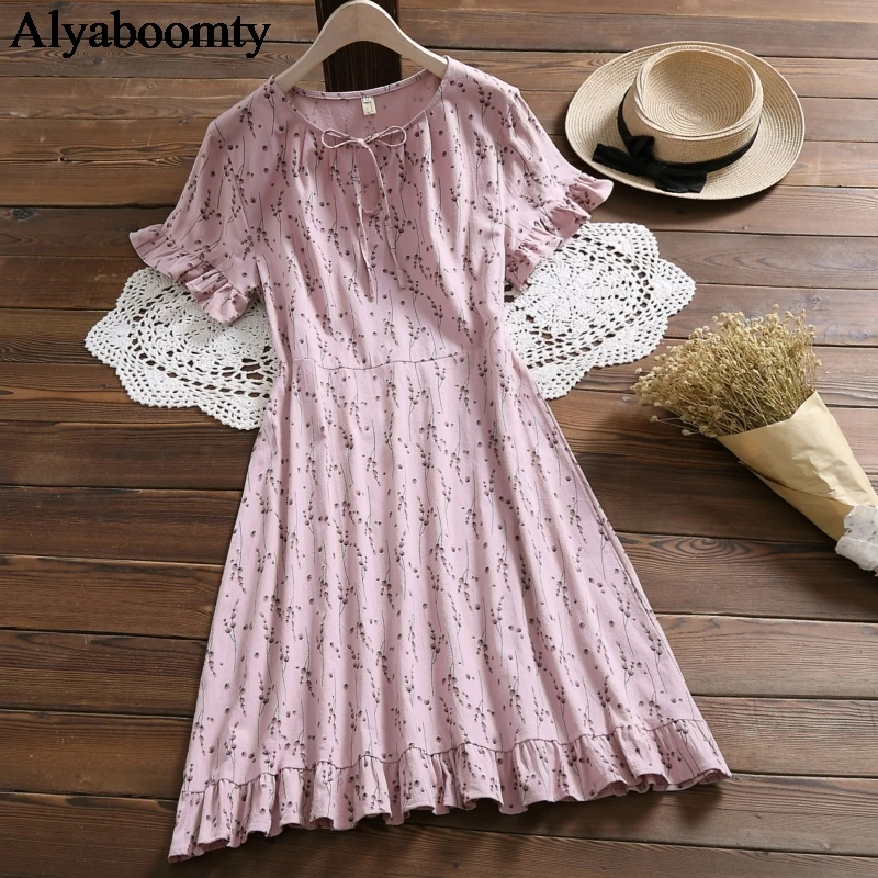2020 Summer Women Cotton Dress O Neck Floral Print Casual Loose Vestidos De Verano Bandage Short Sleeve Cute Ruffles Sweet | Женская