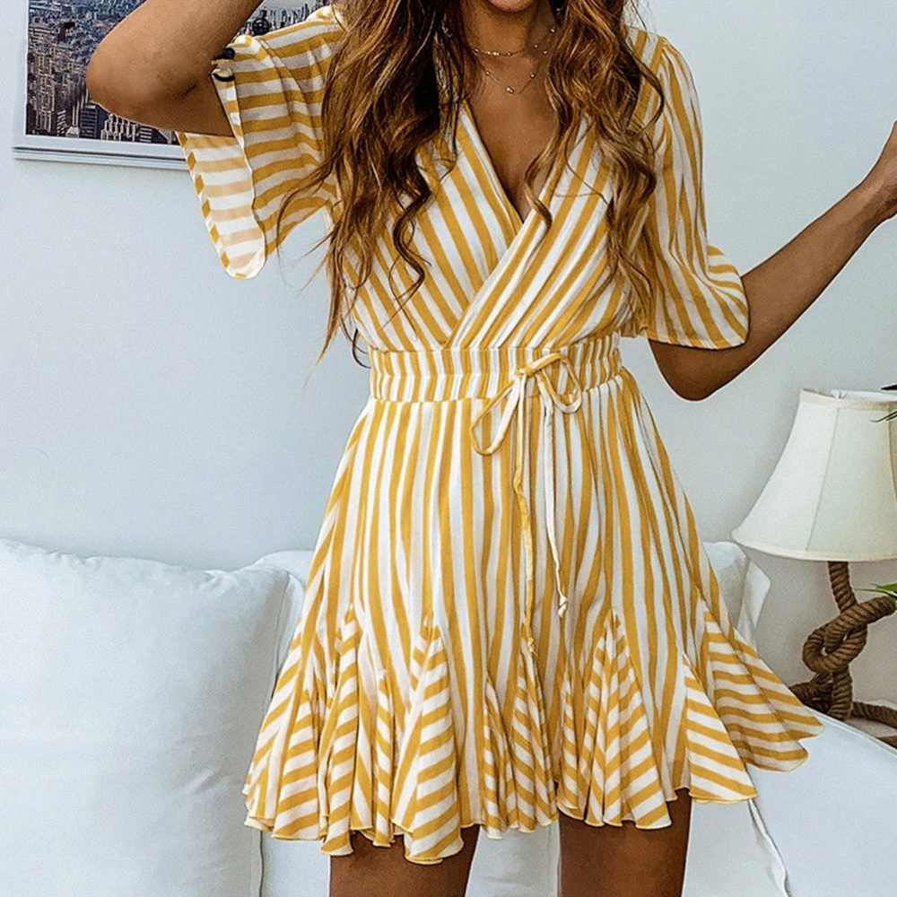 CALOFE платье Женская мода короткий рукав повседневное Полосатое с v образным