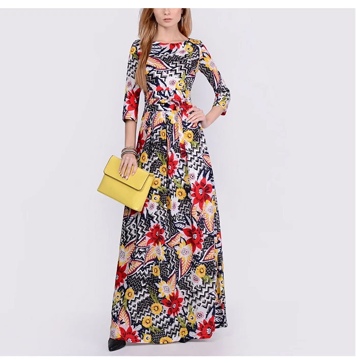Женские платья с принтованными цветами S.FLAVOR, элегантное длинное платье с О-образным вырезом и рукавом 3/4, элегантные осенние праздничные платья
