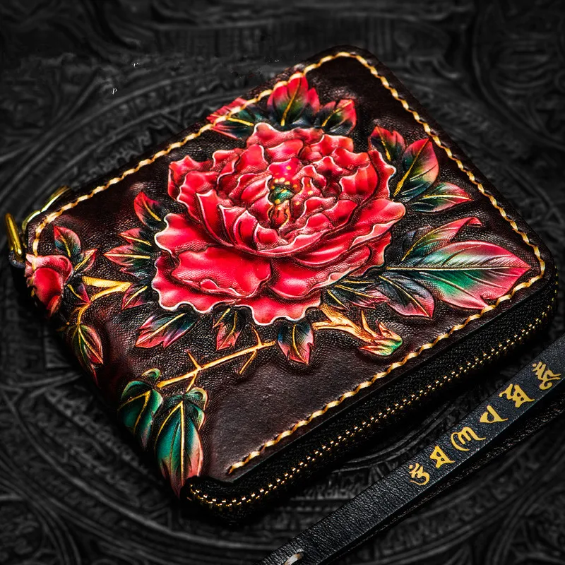 Hand-made Ladies Short Wallets Butterfly Peony Purses Women Clutch Vegetable Tanned Leather Wallet Card Holder Christmas gifts