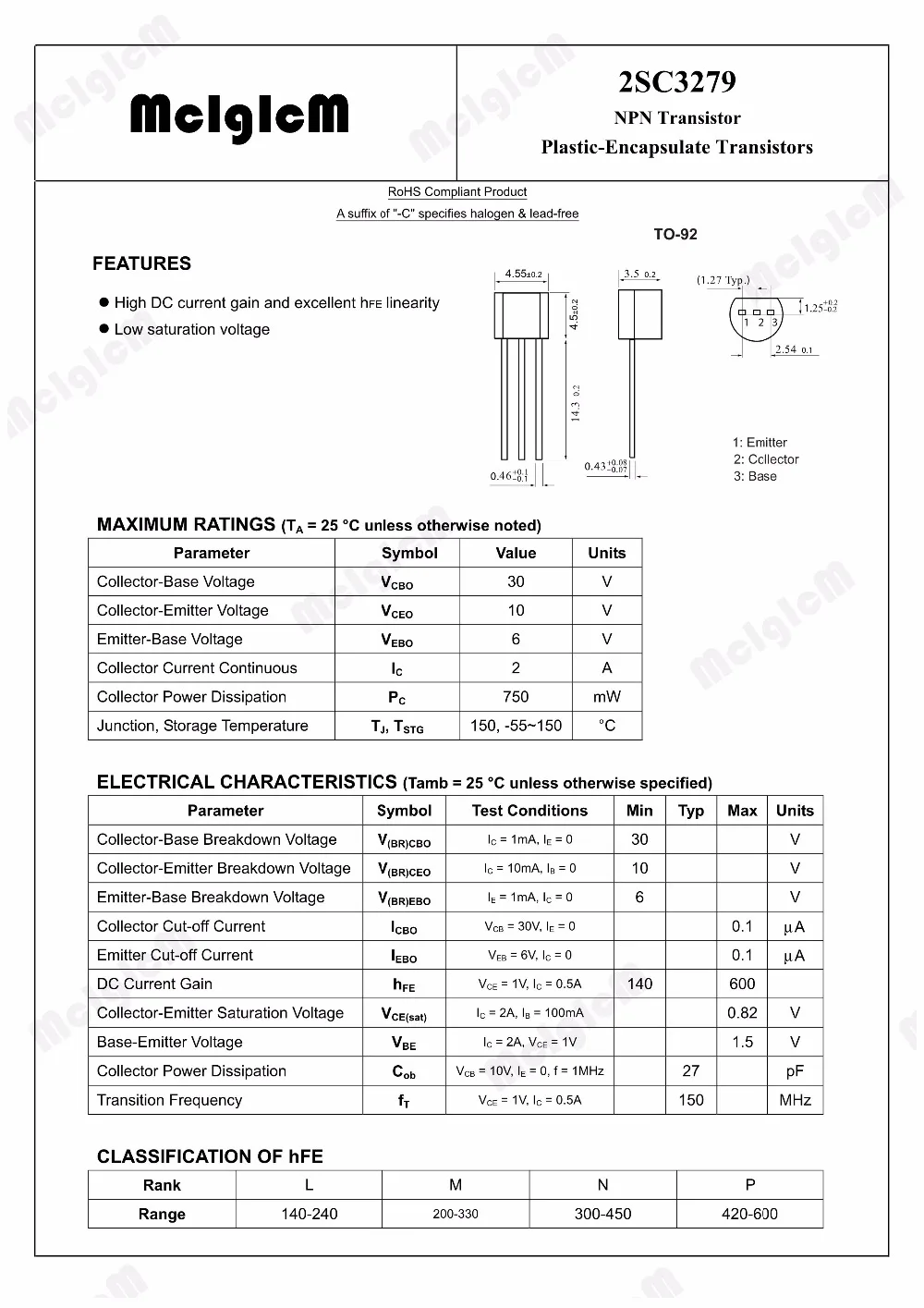 MCIGICM 50 шт. 2SC3279 NPN EPITAXIAL тип (STOROBO FLASH средний усилитель мощности приложения)|Диоды| |