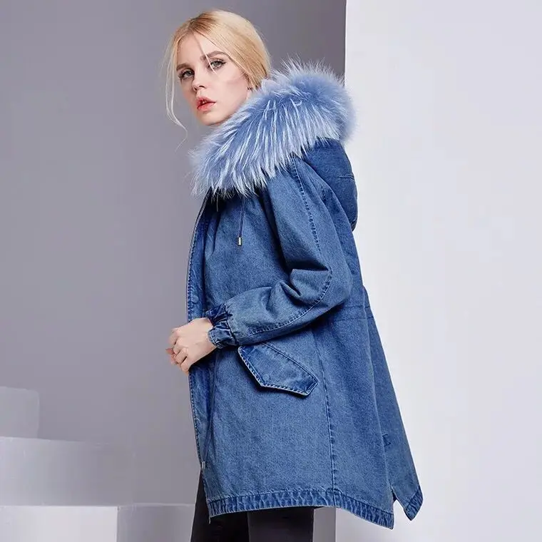 Bootyjeans, розовое, синее, настоящее Женское пальто с мехом, воротник из лисьего меха, парки с капюшоном, верхняя одежда, длинная, кроличья шерсть, меховая подкладка, зимнее пальто - Цвет: 2