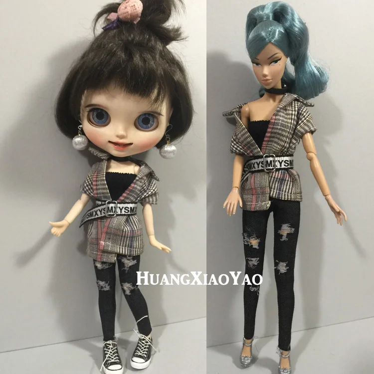 B006 Blyth кукольные одежда 1/6 мягкого плюша; аксессуары для куклы ручной работы 30 см одежда Повседневное клетчатый костюм для мальчика с Штаны платье 2 шт./компл