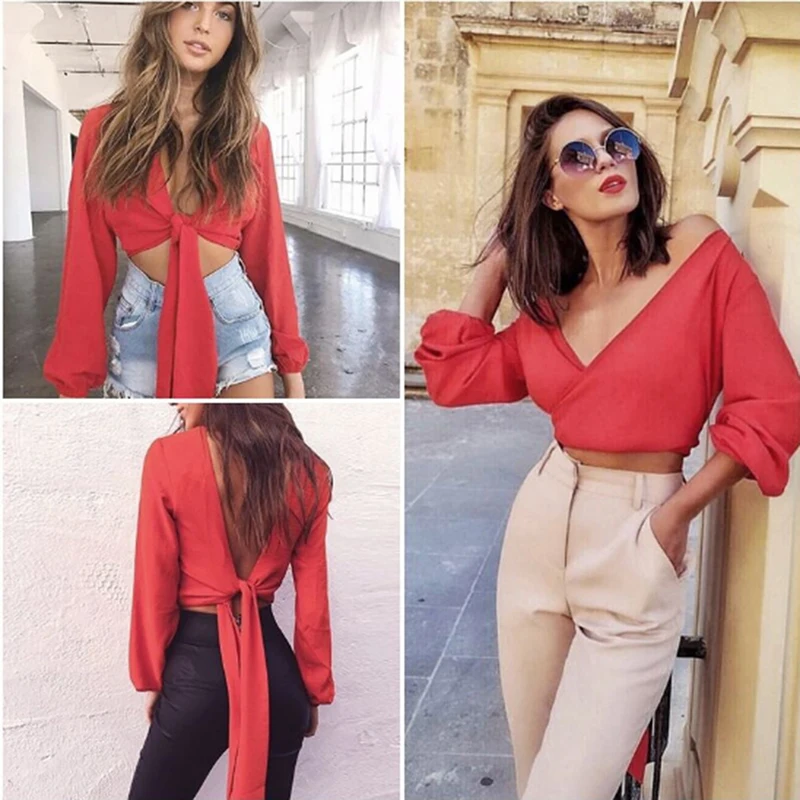 Женская короткая шифоновая блузка с длинным рукавом и v-образным вырезом
