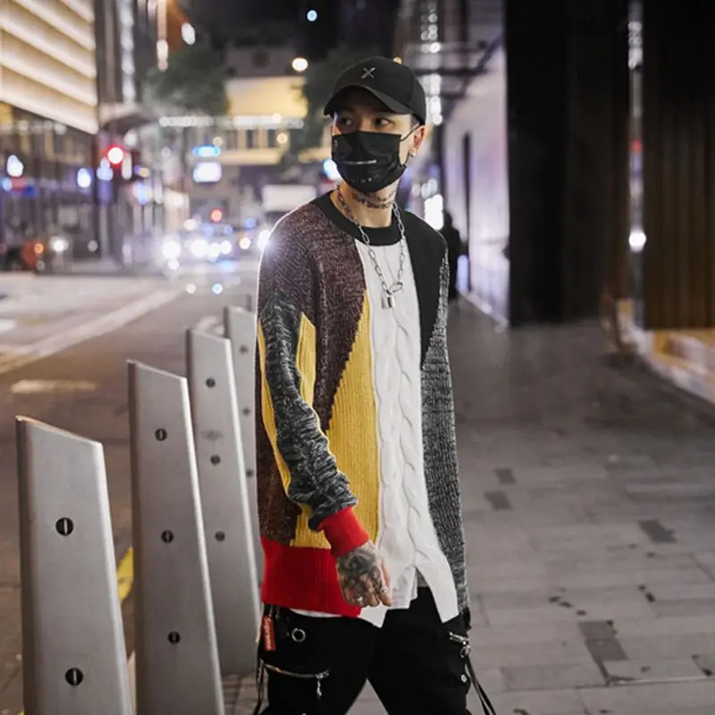 Мужской свитер и пуловер в стиле хип-хоп вязаный уличная одежда цветной блок