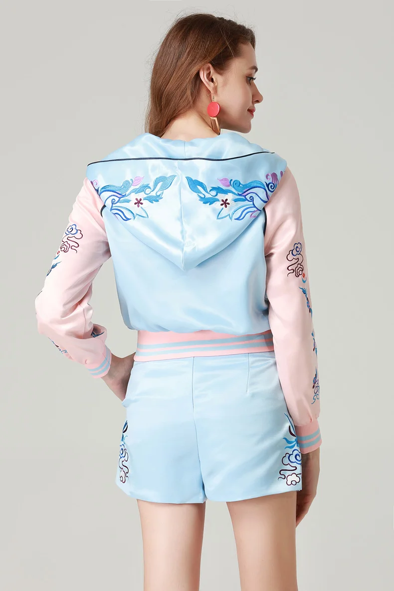 2019 Women's Runway Twinsets Hooded Collar Long Sleeves Embroidery Jackets with Shorts Fashion Two Piece Pants Sets | Женская одежда