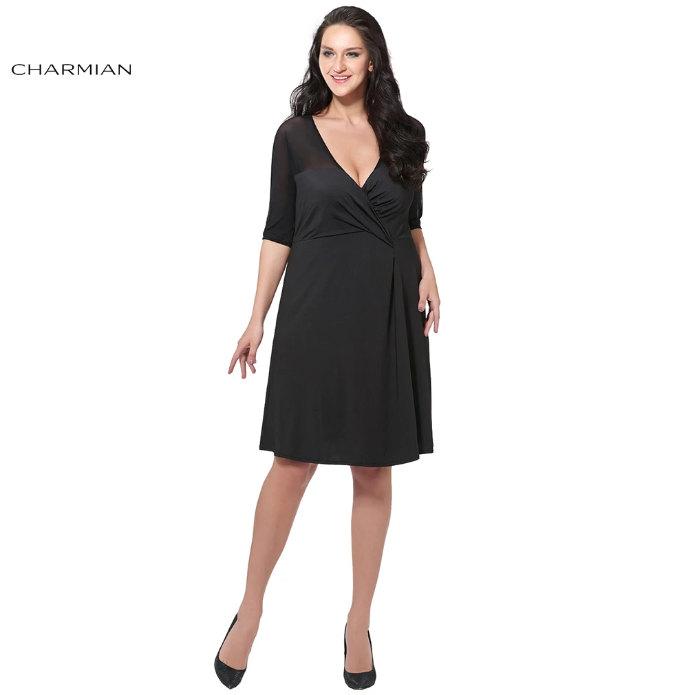 Charmian Sexy Deep V Neck Dress for Women Summer Autumn Half Sleeve Elegant Black Slim Daily Work Office Casual | Женская одежда
