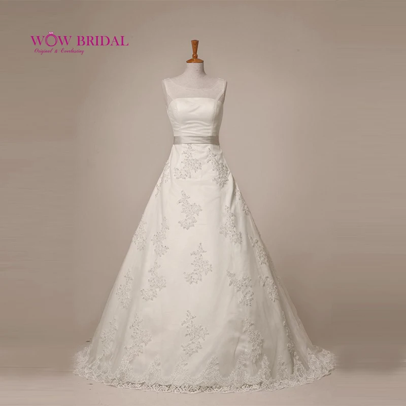 

Wow Bridal Ivory Lace Aline Wedding Dress 2021 Sleeveless Court train Bridal Dress with Sash