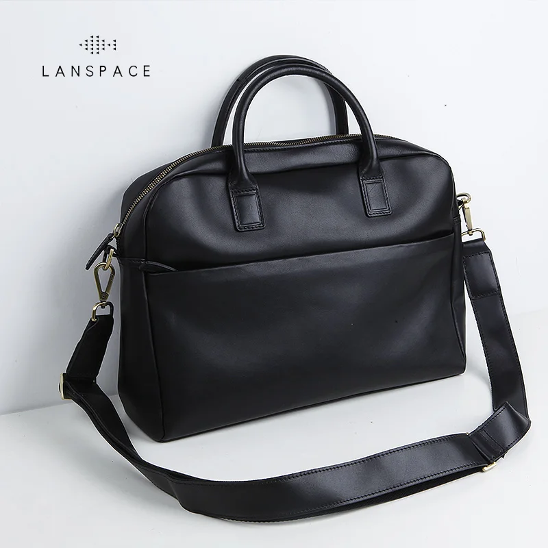 LANSPACE men's leather briefcase brand high quality cow leather business handbag top laptop bag