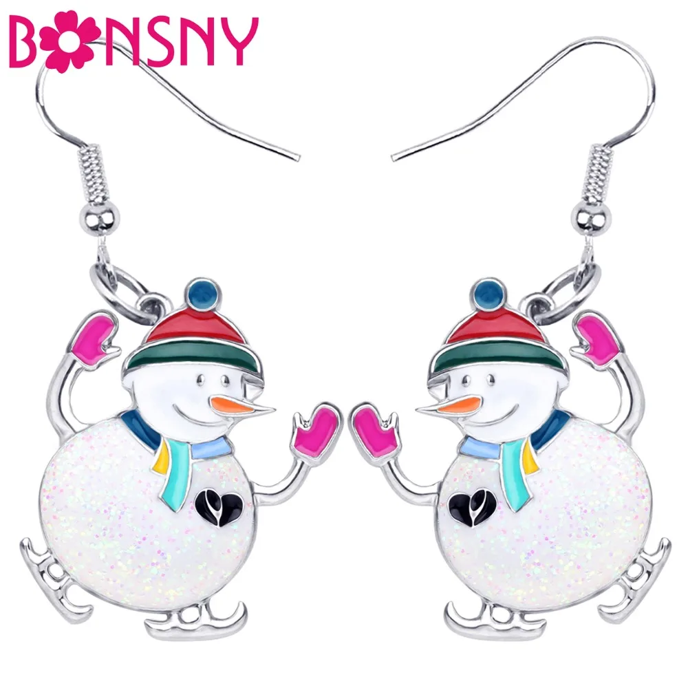 

Bonsny Enamel Alloy Christmas Happy Skiing Snowman Earrings Drop Dangle Cartoon Jewelry For Women Girls Teens Navidad Gift Party