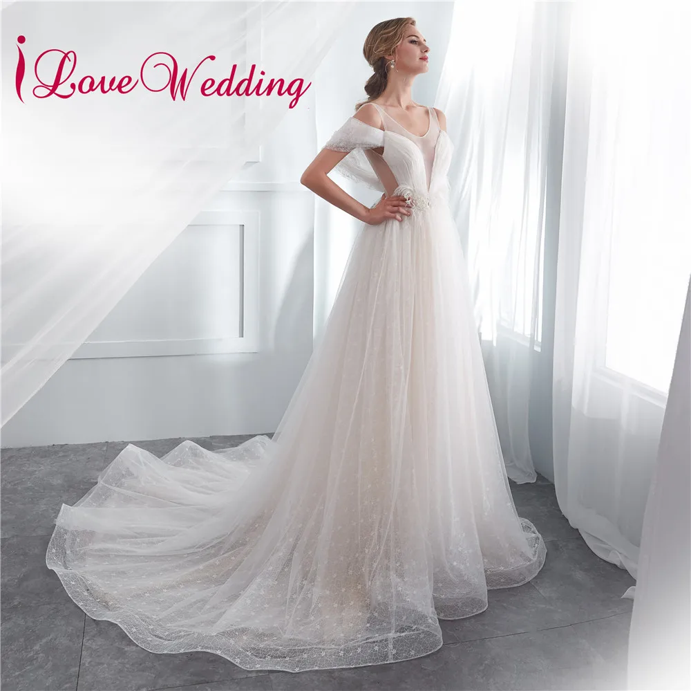 Романтический Vestido de Noiva ТРАПЕЦИЕВИДНОЕ свадебное платье прозрачное украшенное