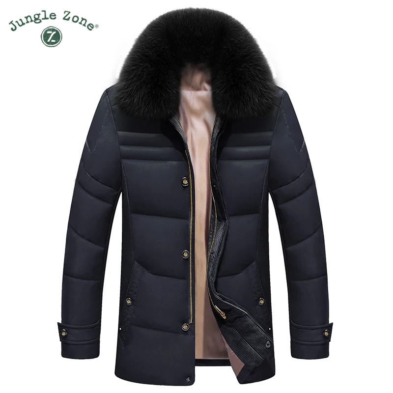 Фото Мужская зимняя куртка на утином пуху с воротником из натурального меха толстая