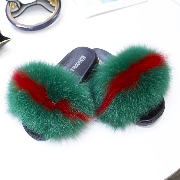 ZDFURS*/женские тапочки с натуральным лисьим мехом; коллекция года; повседневные пушистые домашние вьетнамки на плоской подошве с мехом лисы; сезон лето - Цвет: 14