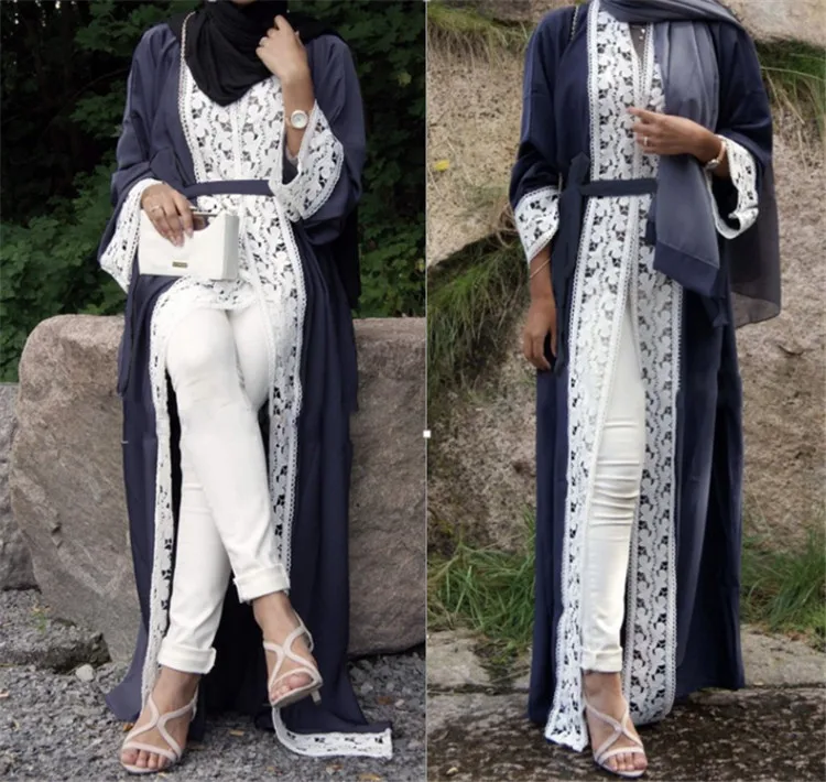 Мусульманское платье для женщин с кружевной отделкой спереди абаи мусульманское длинное костюм, накидка, Восточный халат кимоно Кафтан Дуб...