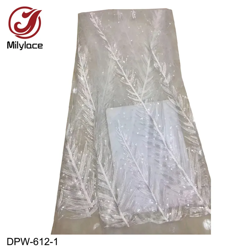 white Milylace нигерийская Кружевная Ткань 5 ярдов блестящее расшитое блестками Сетчатое кружево с вышивкой перьев для вечерние платья DPW-612 - Цвет: white